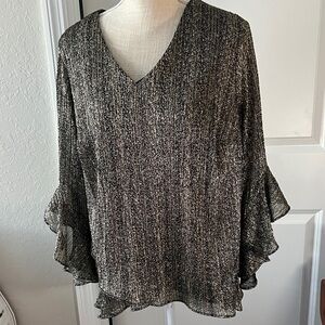 Vince Camuto Glistening Metallic Shirred V Neck Cascading Ruff Sleeve NWOT